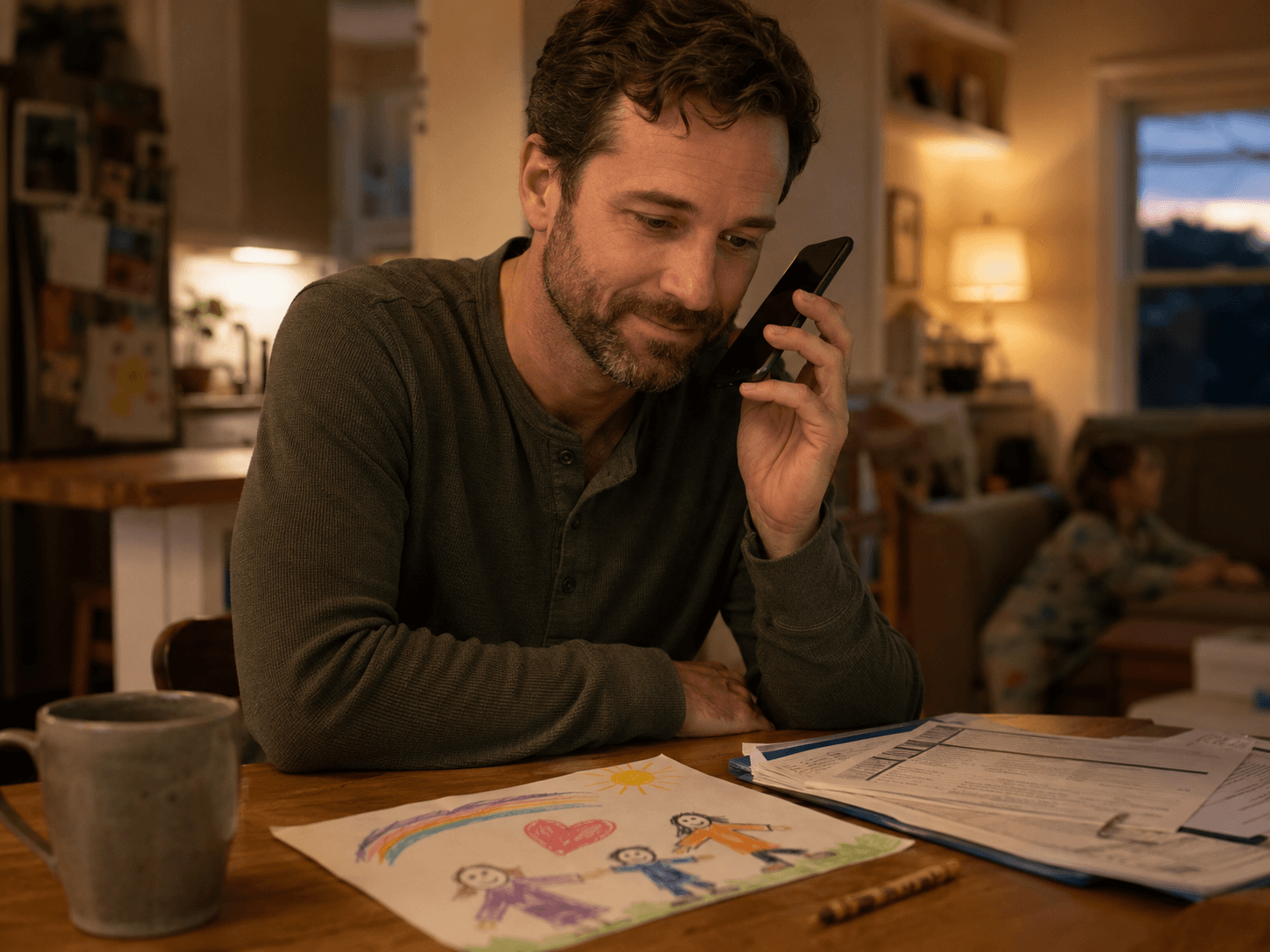 A parent taking a support call at a kitchen table with family drawings and paperwork nearby.