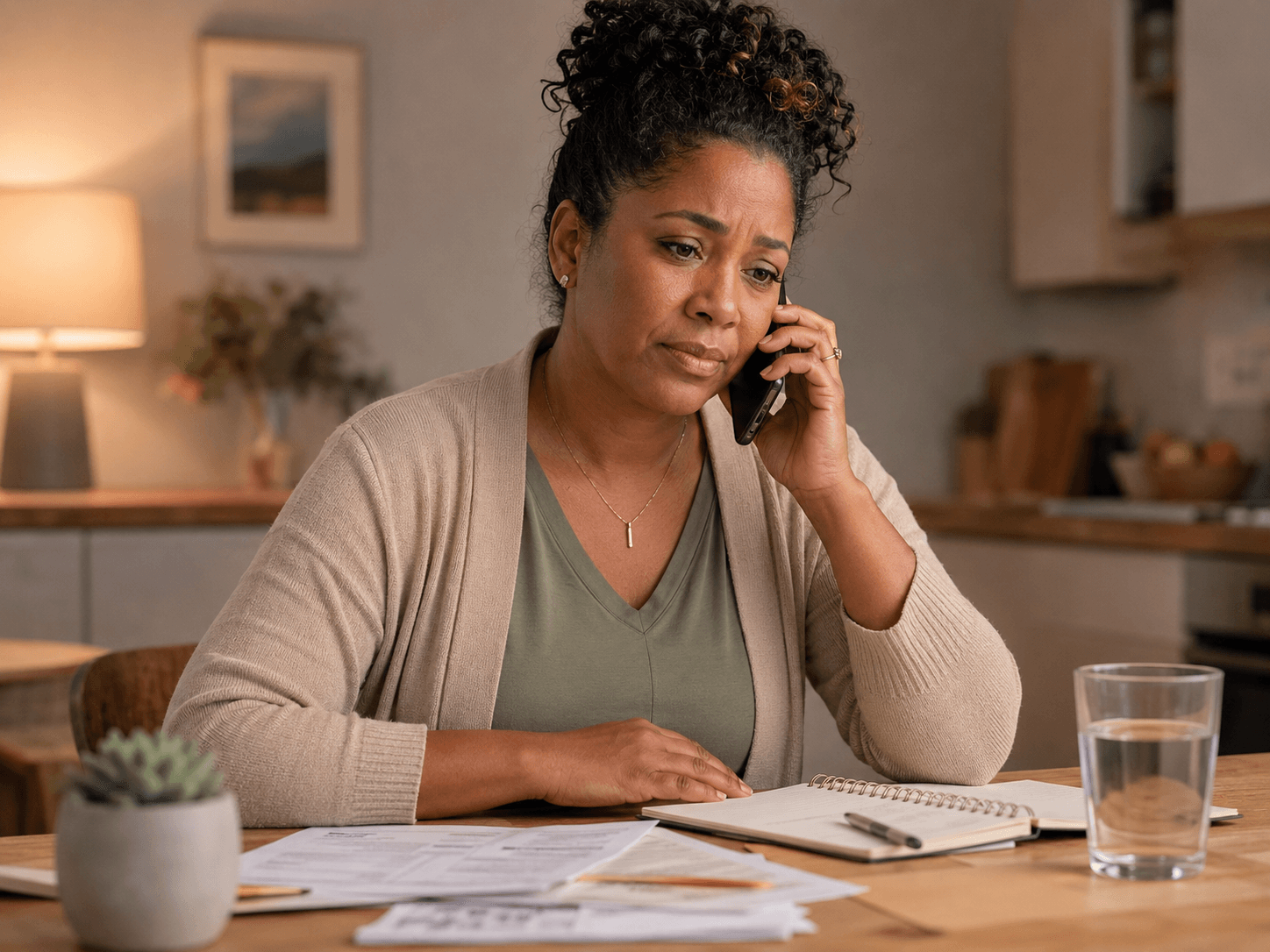 A woman taking a phone call at a kitchen table with forms and notes in front of her.