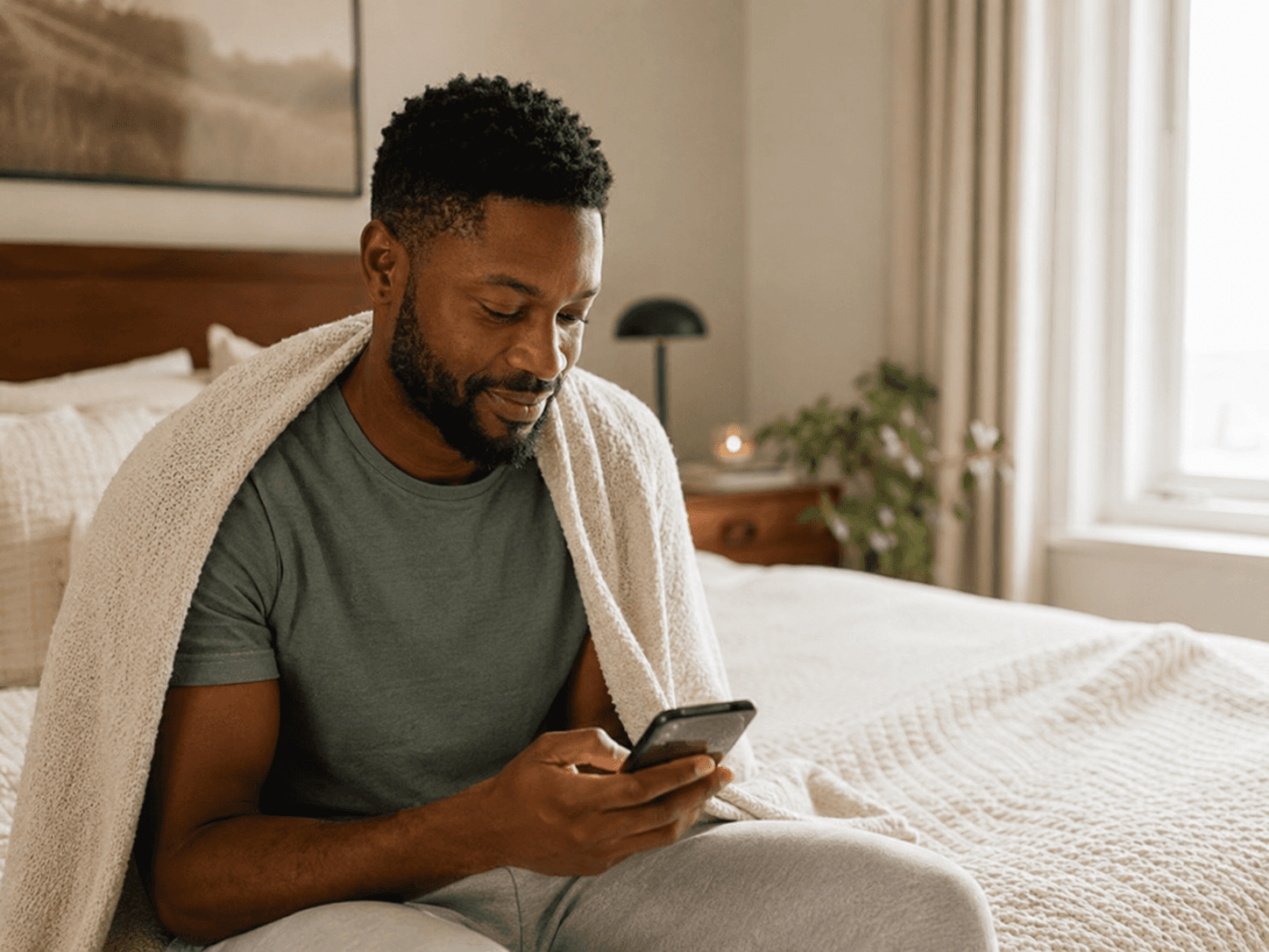 A Black man sitting on a bed with a blanket over his shoulders while reading a support message on his phone.