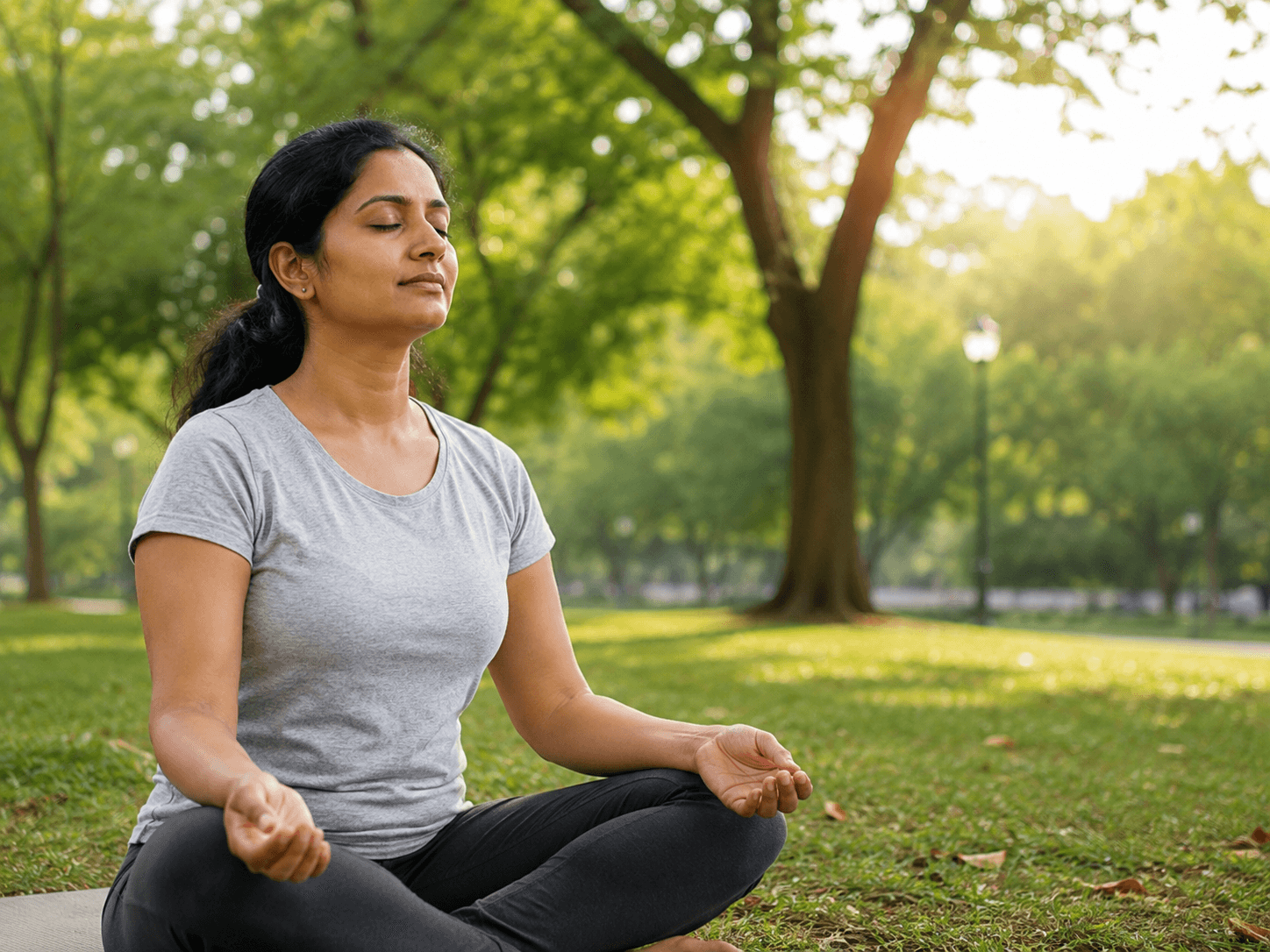 A woman meditating on the grass in a sunlit park.