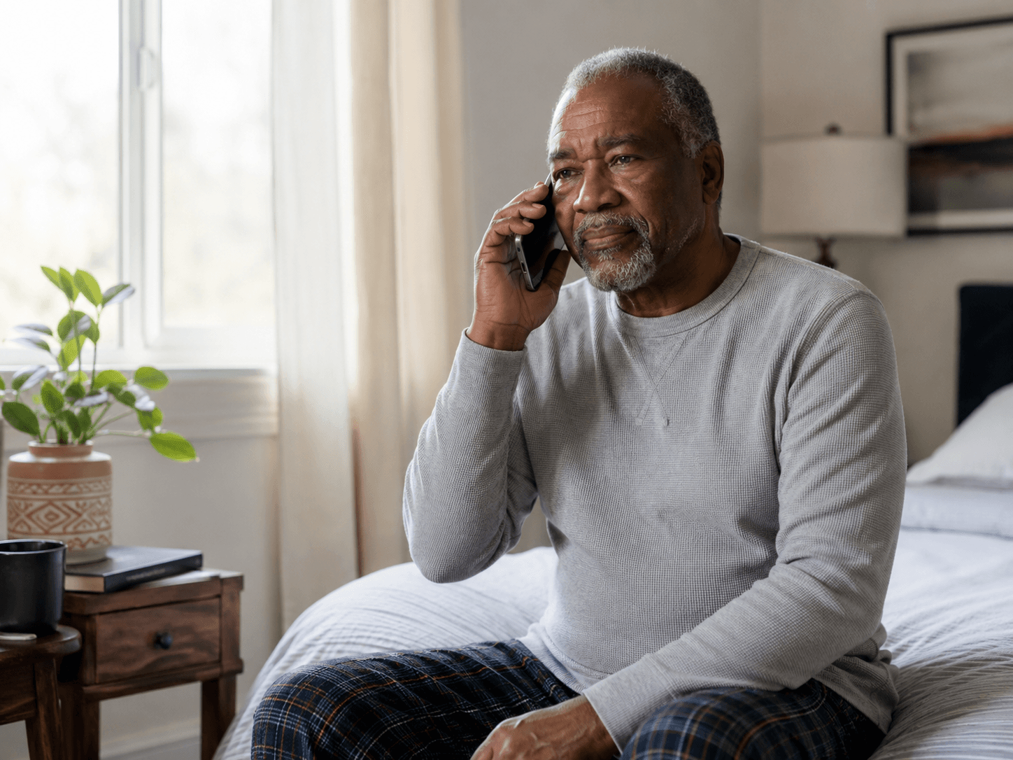 An older Black man sitting on a bed and speaking on the phone.