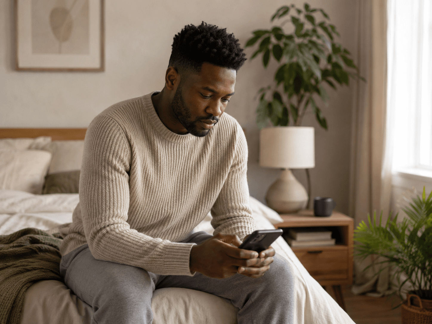 A Black man sitting on a bed and reading a message on his phone.