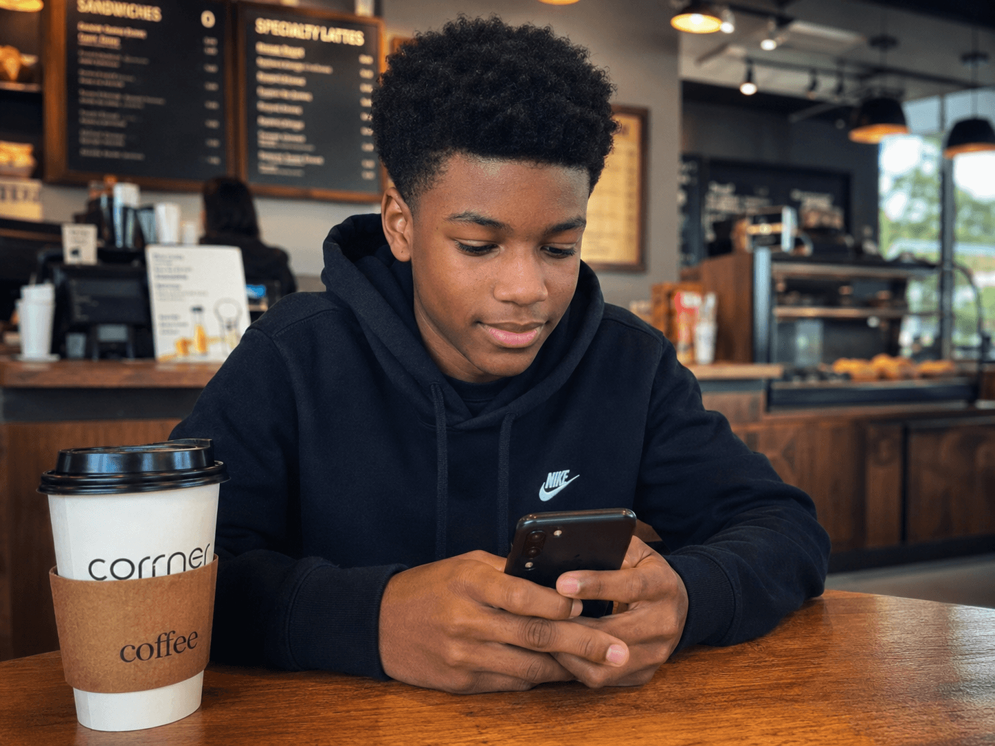 A Black teen in a cafe reading a message on his phone.