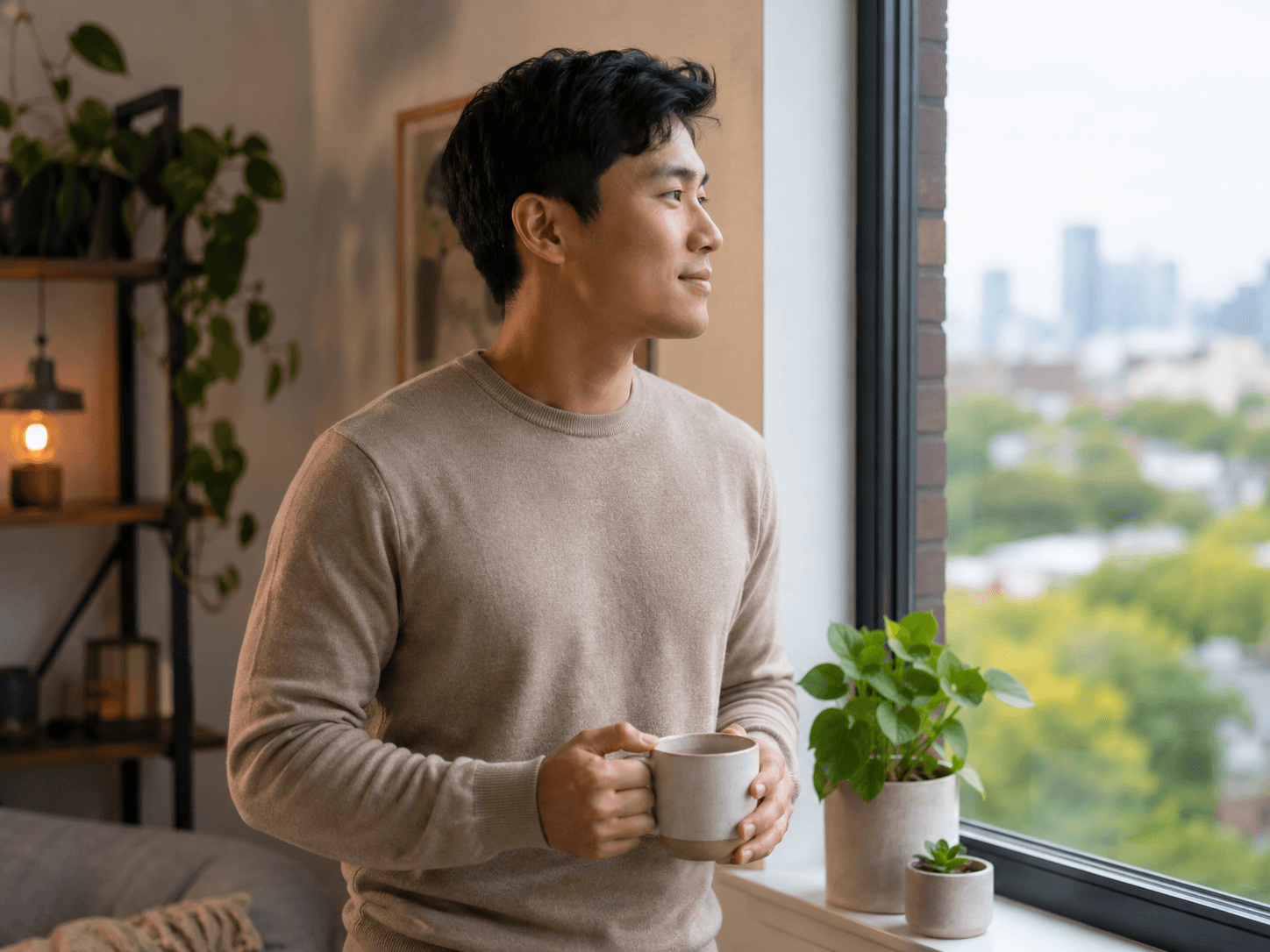A man holding a mug and looking out of a city apartment window.