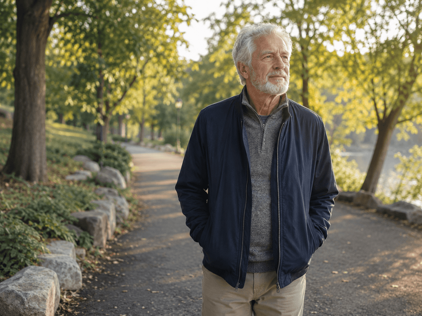 A senior man walking quietly through a park path near the water.
