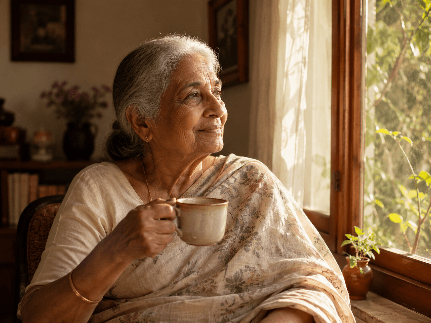 An elder woman holding tea by a sunny window.